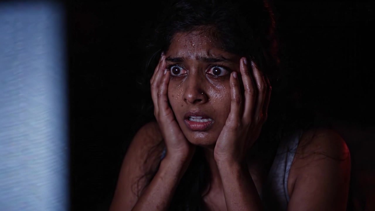 A Young Woman's Fearful Expression Captured in a Tense Moment: The Struggle Between Panic and Resolve in an Intense Scene