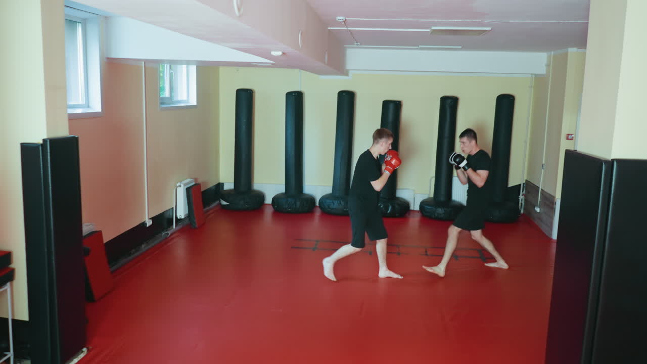무술 체육관 안 빨간색 매트 바닥에서 스파링 자세로 서로 마주 보고 있는 운동선수들이 글러브와 검은색 운동복을 입고 샌드백으로 둘러싸인 채 격투 훈련 세션을 준비하고 있어요.