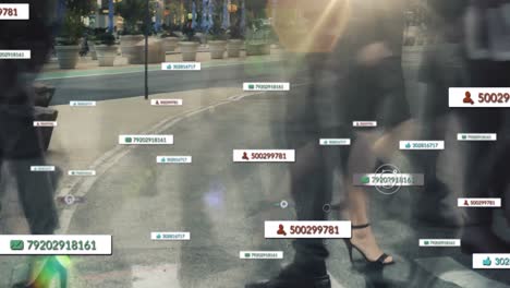 animation of social media data processing over globe and people walking