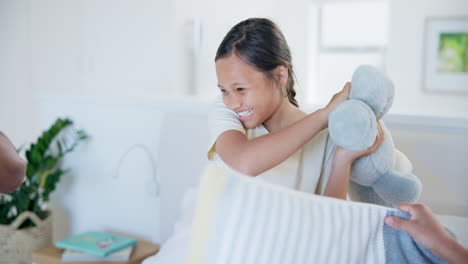 pillow fight, parents and happy girl child