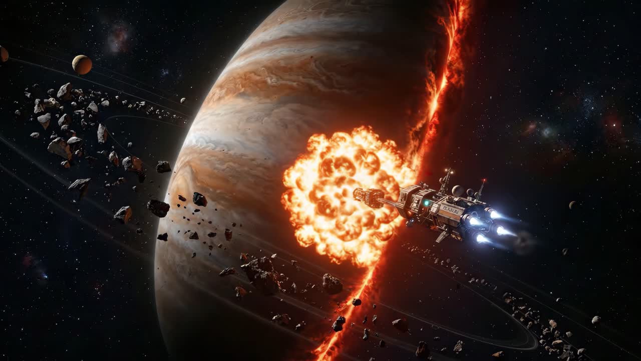 Futuristic Spaceship Fires Weapon and Explodes Fiery Ring Near Planet