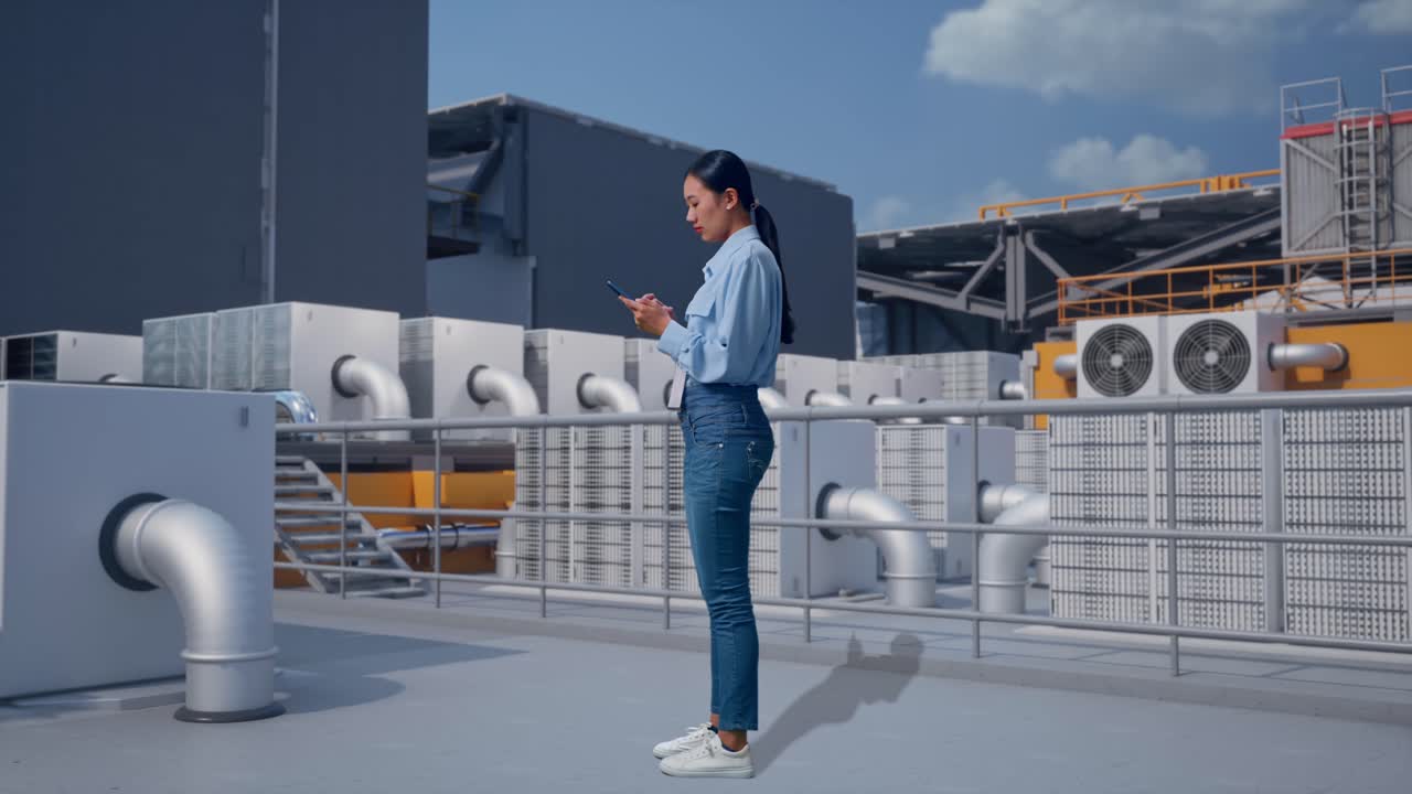 Full Body Side View Of Asian Female Worker With Her Phone, Worker Inspecting Rooftop HVAC Units in Industrial Building, She Observes By Looking Around Before She Come To Concentrating With Her Smartphone
