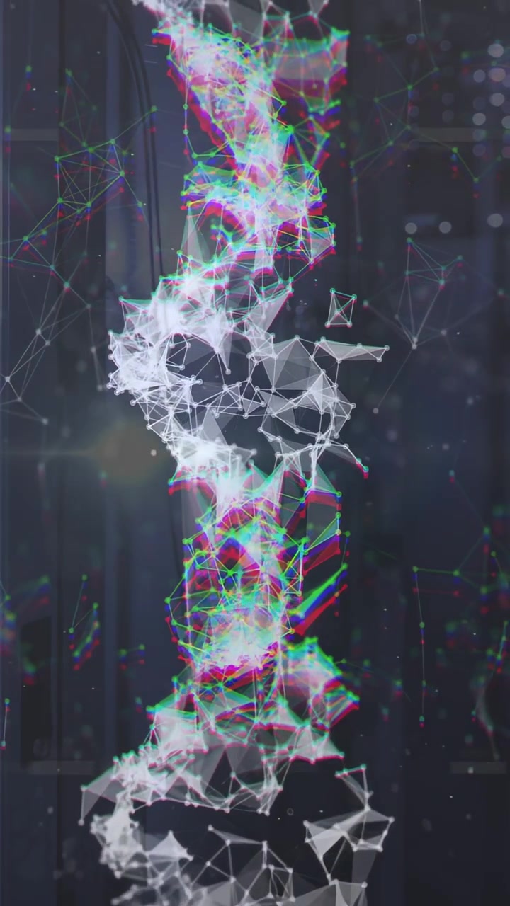 Vertical video: Signal pulse forming vertical wireframe, nodes pulsing and moving to show data flow