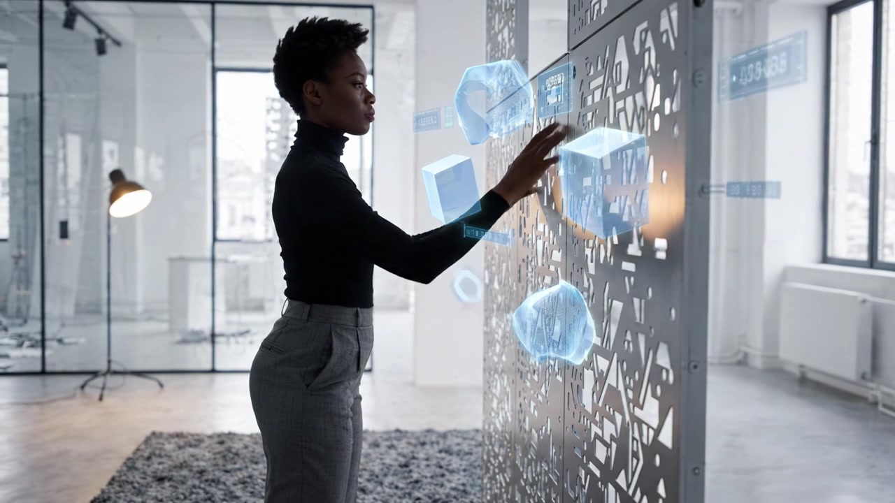 A woman interacts with a unique geometric wall installation, exploring its layers and uncovering digital elements in a modern office space environment