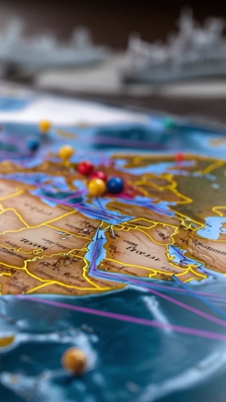 Colorful Map Representing Global Connections with Pinpoints and Lines Showing Routes Across Continents and Oceans for Navigation and Exploration Purposes
