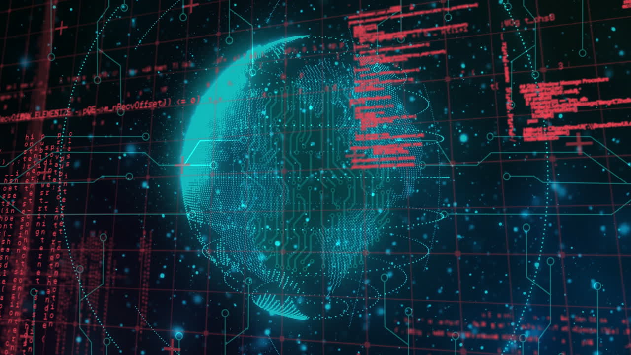 Animation of digital globe with circuit patterns surrounded by coding elements