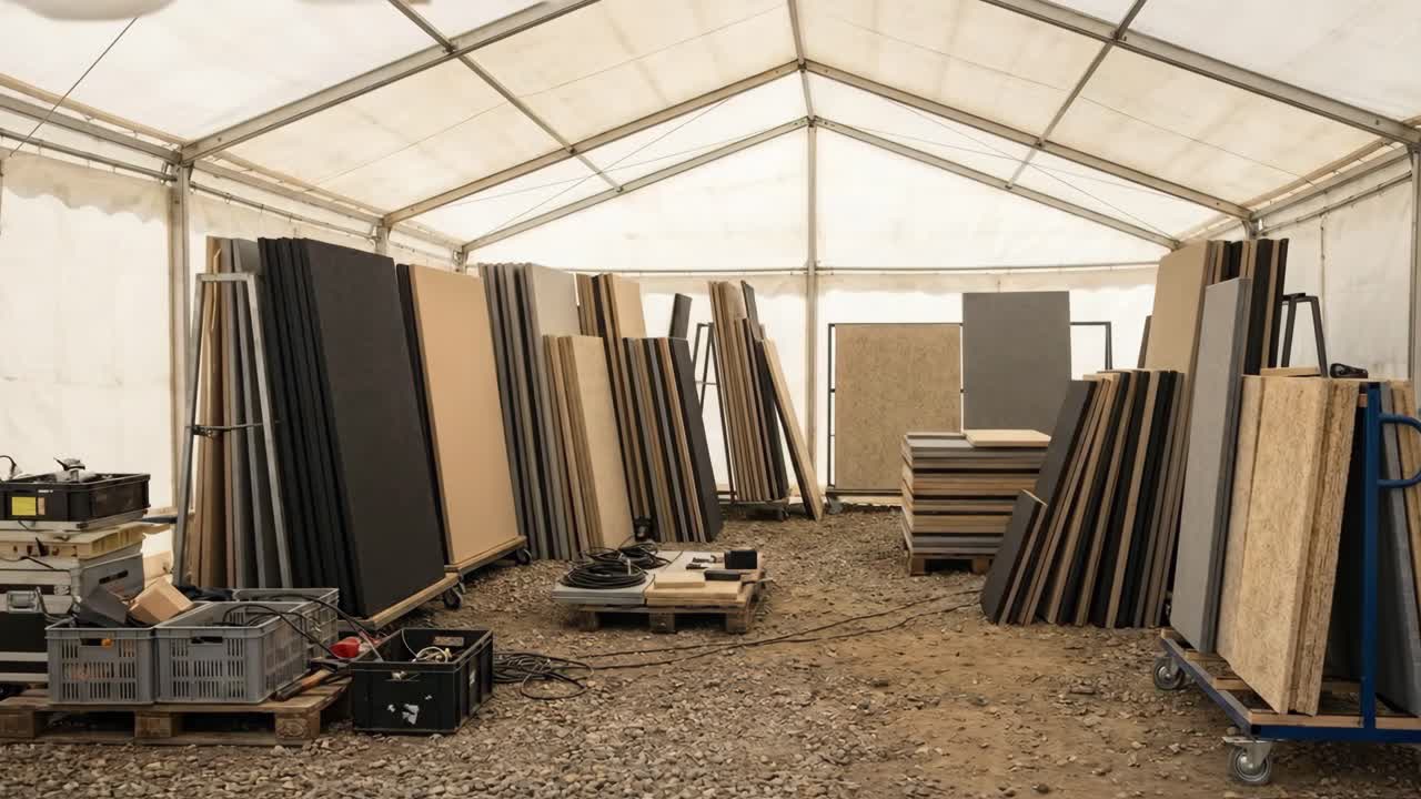 Interno di una tenda di stoccaggio con pannelli da costruzione impilati