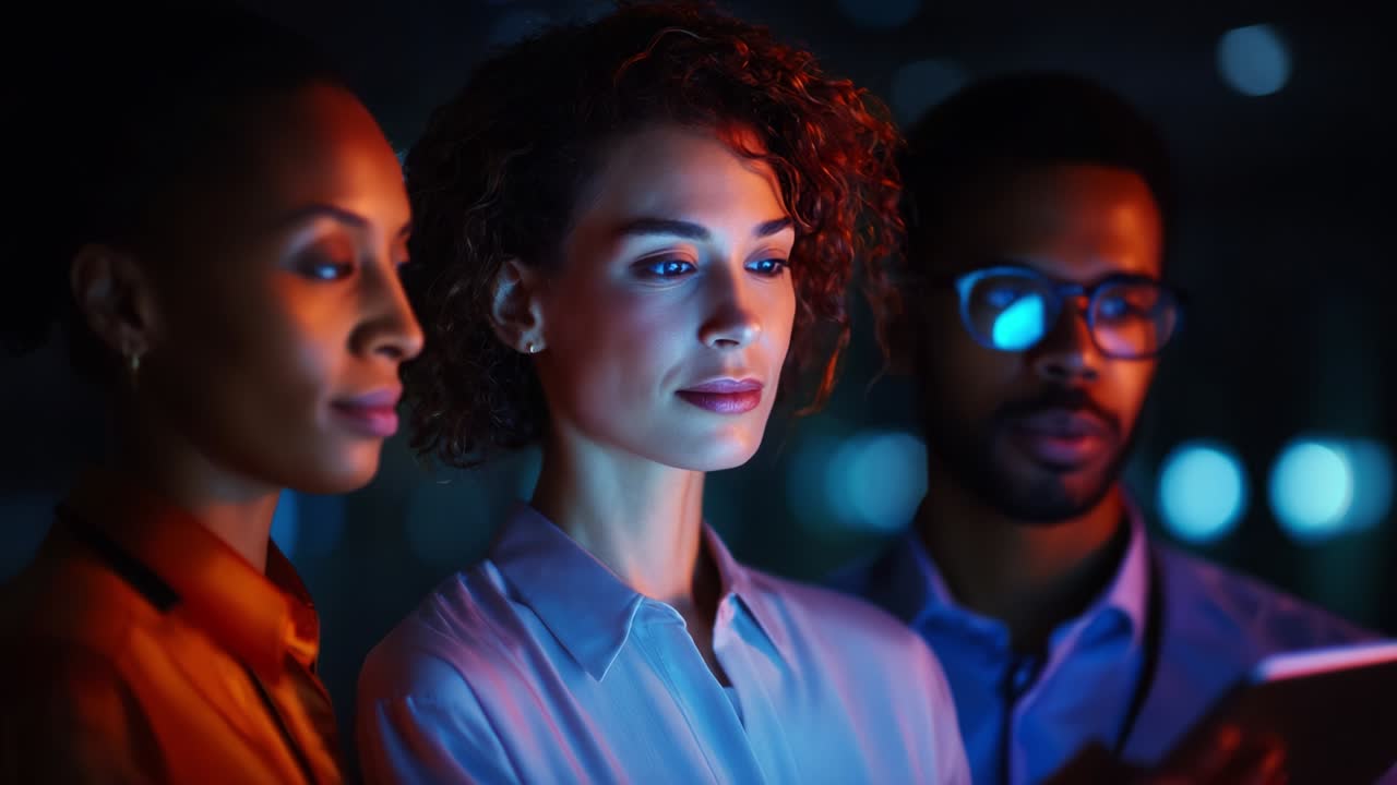 A group of three diverse individuals, including two women and a man, engrossed in a digital device while illuminated by ambient lighting, exemplifying modern collaboration and connectivity in a professional setting