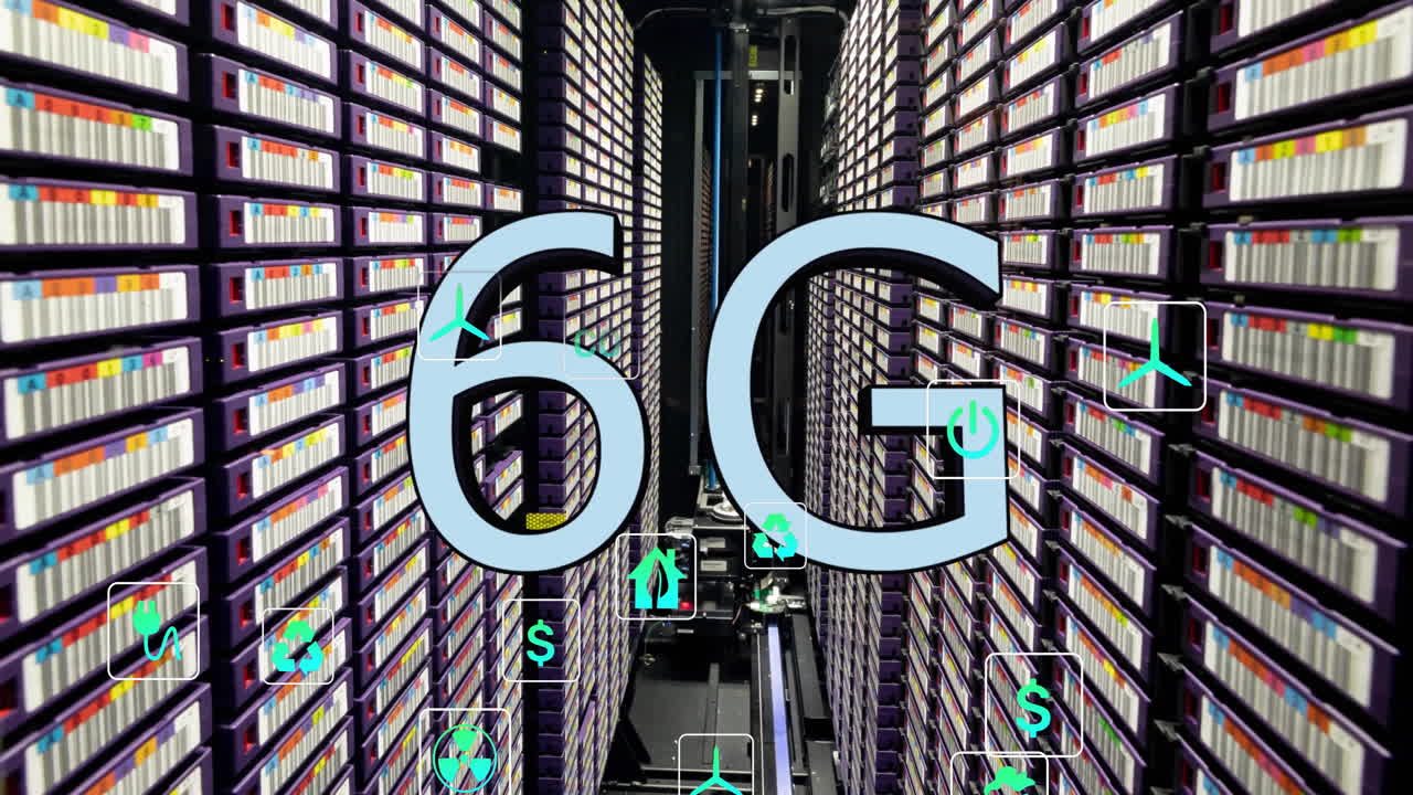 animación de texto 6g, iconos eco digitales y procesamiento de datos a través de servidores informáticos