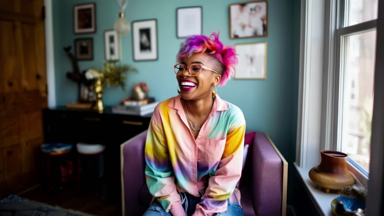 Vibrant video concept featuring a person with colorful hair and shirt, smiling in a cozy room