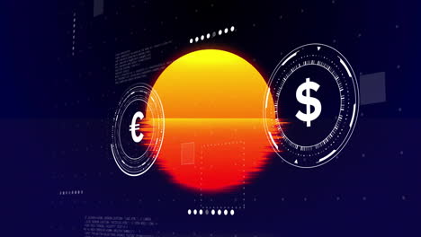 animation of euro and dollar currency symbols on digital technology background