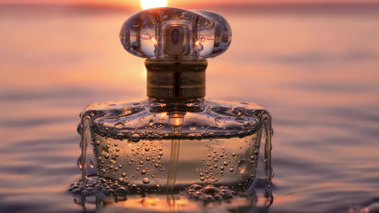 Un Affascinante Flacone di Profumo Riflette le Tonalità Dorate del Tramonto, Circondato da Onde Delicate che Creano un'Atmosfera Serena e Incantevole di Tranquillità ed Eleganza