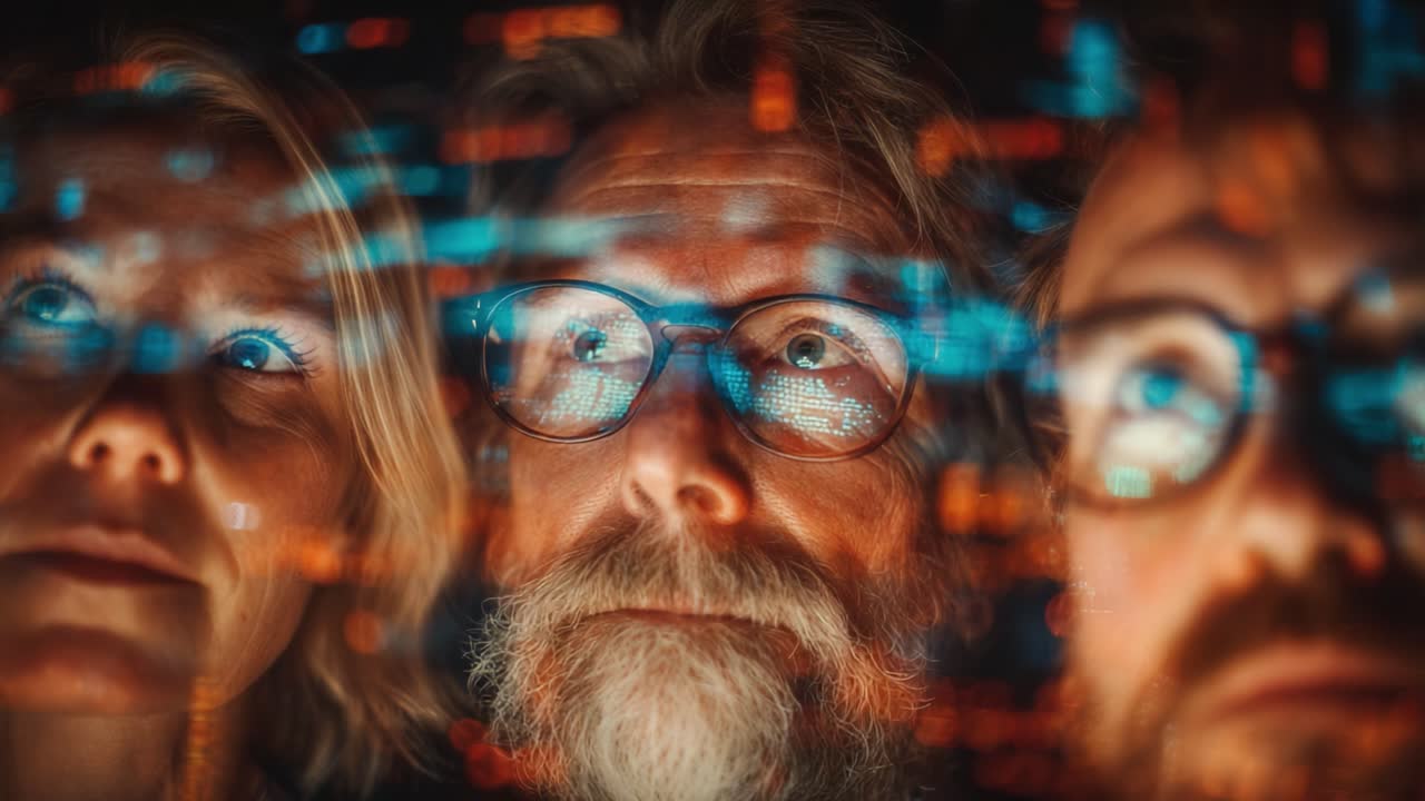 Three Individuals Engaged in Intense Focus, Analyzing Data Displayed on a High-Tech Screen, Captured in a Striking Visual Representation of Concentration and Insight
