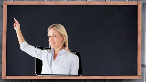 Animation-of-smiling-female-school-teacher-emerging-from-smartphone,-writing-on-chalkboard