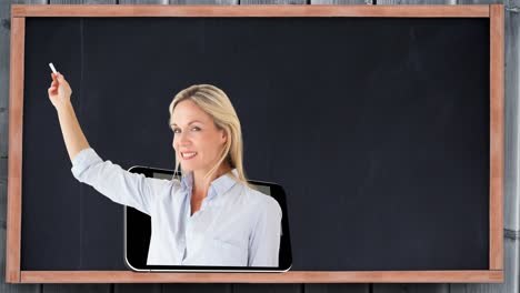 animation of smiling female school teacher emerging from smartphone, writing on chalkboard