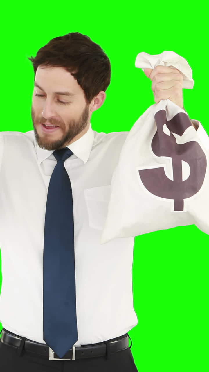 hombre de negocios feliz mostrando bolsas de dinero