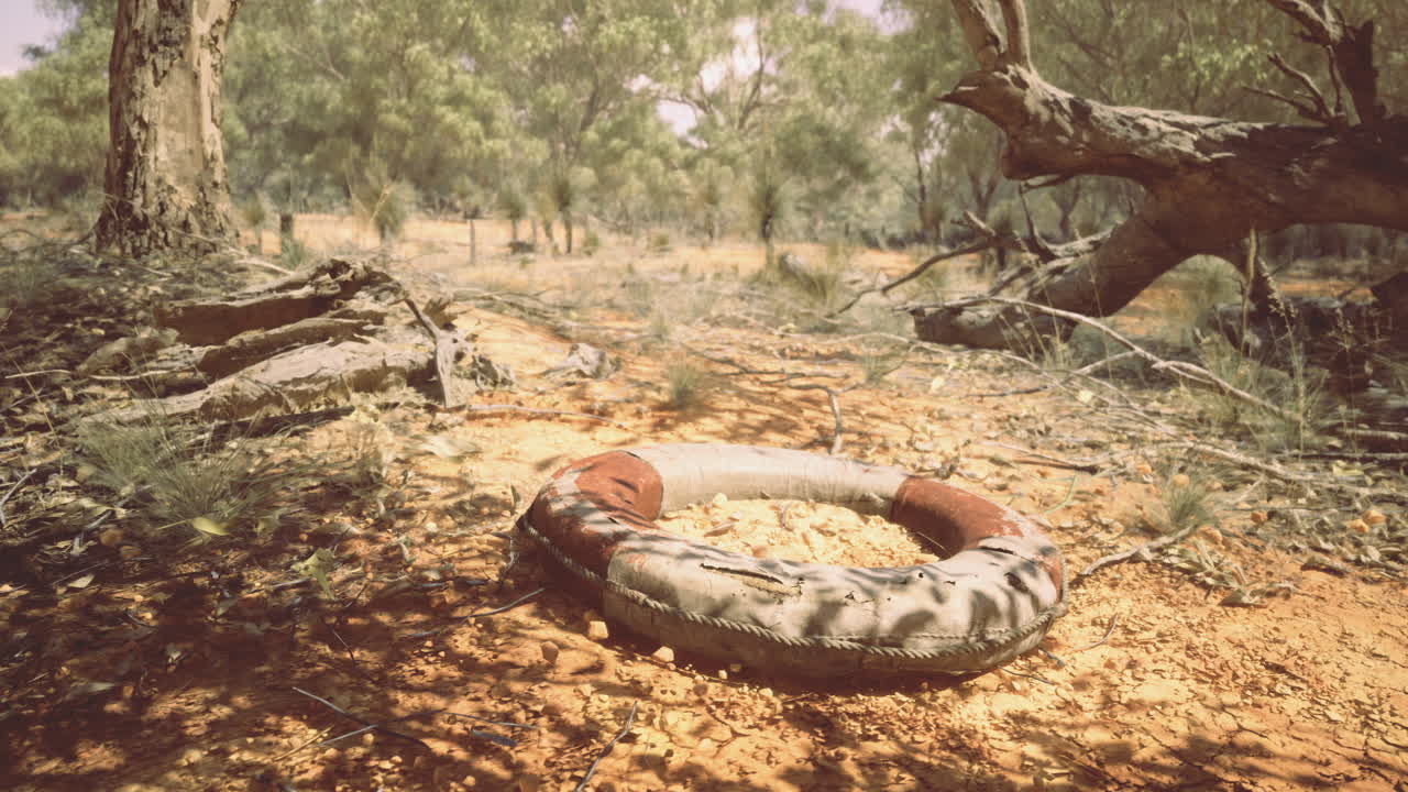 Sunlit dry landscape with an abandoned life ring near an old tree