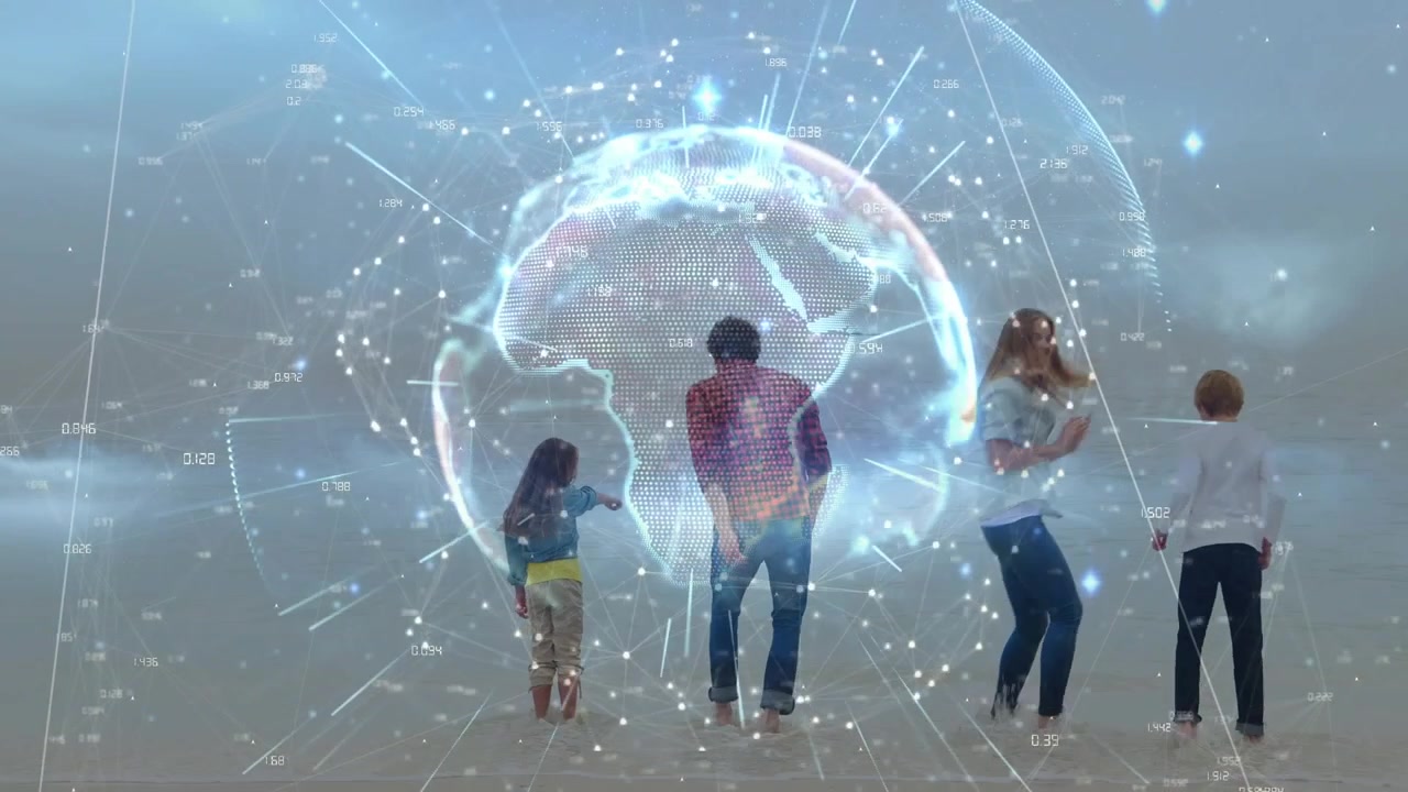 Familie går langs strandkanten mens hologram pulserer og animerer data; barn peker, pappa bøyer seg for teknologidemonstrasjon.