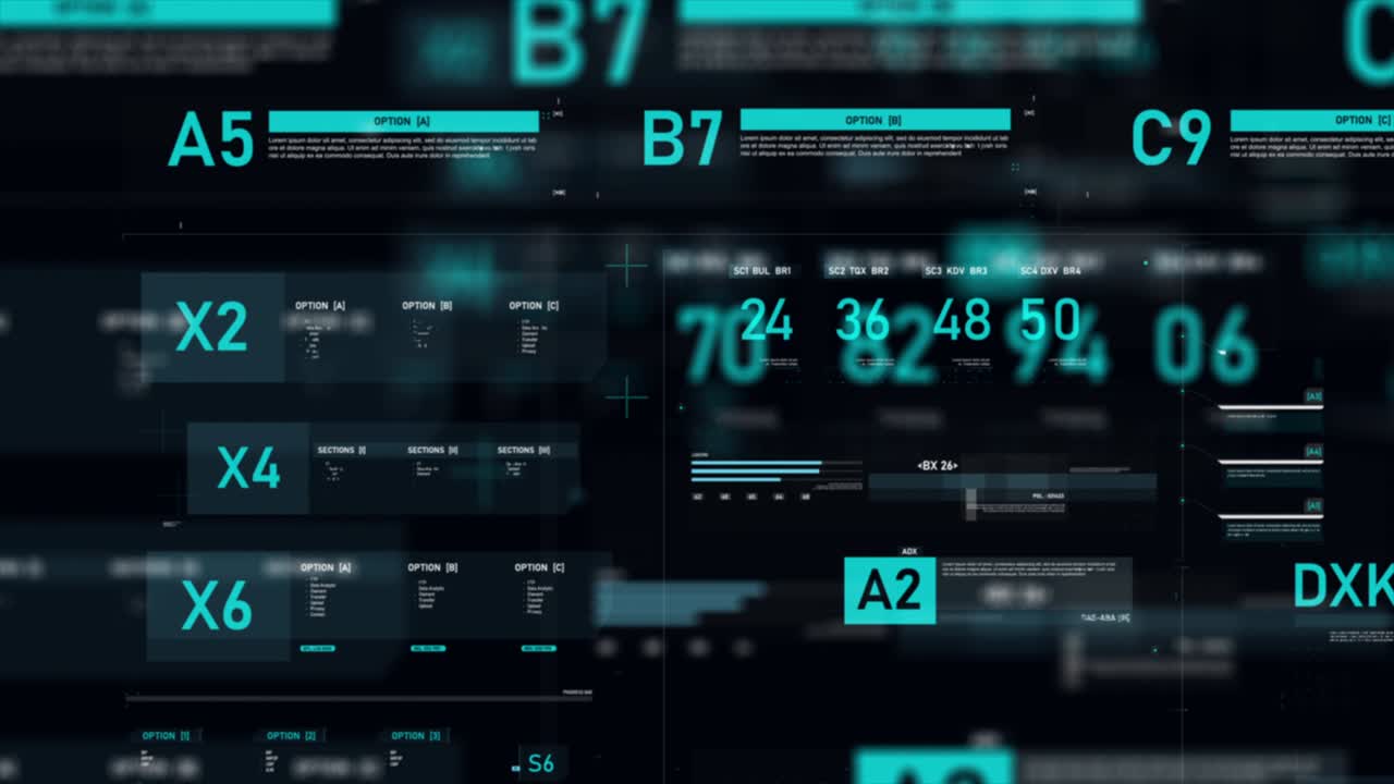 Futuristic user interface HUD GUI digital text number element for cyber technology concept with shallow depth of field dark and grain processed