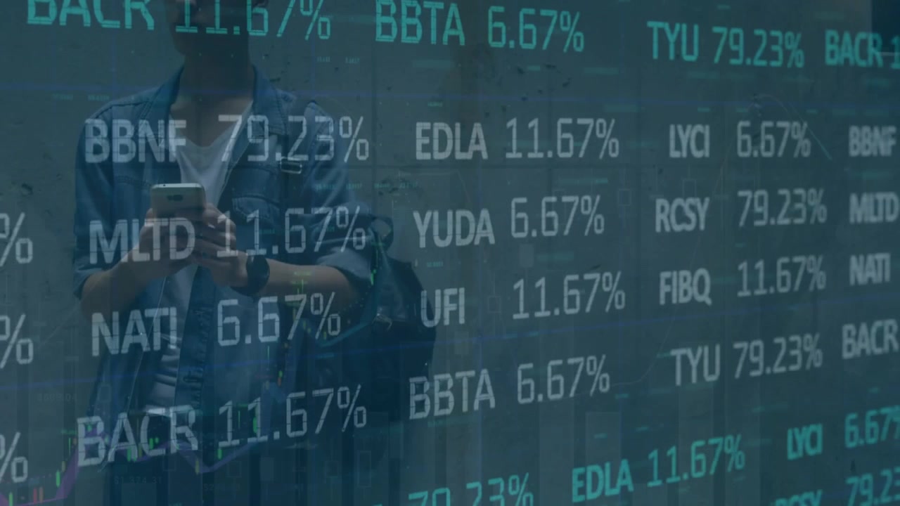 Animation of financial data processing over caucasian man using smartphone