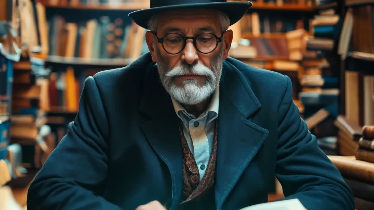 un hombre con un sombrero y gafas sentado en una mesa frente a una estantería de libros