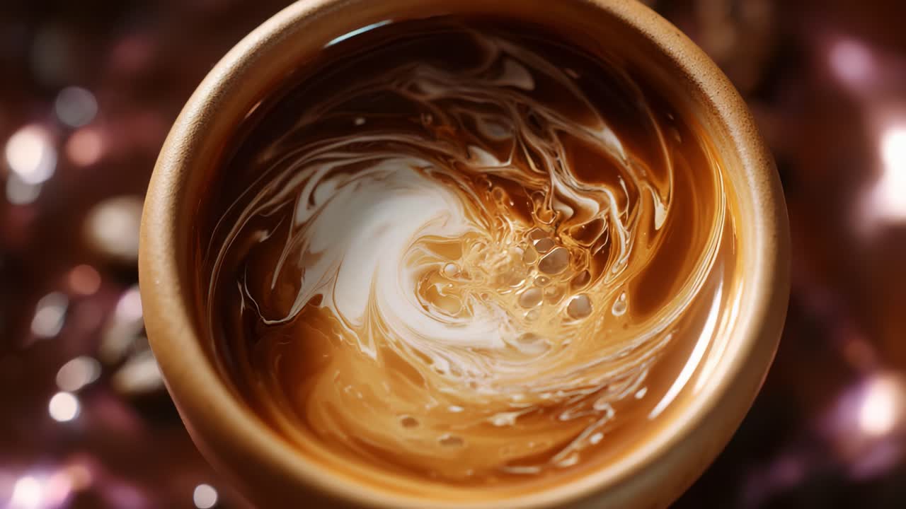 A Captivating Close-Up of a Coffee Cup with Swirling Cream Patterns and Rich Aroma Captured in Its Warm Tones, Perfect for Coffee Lovers and Aesthetes