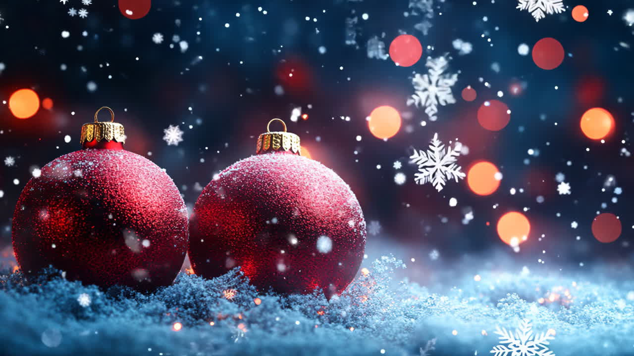 Two red Christmas ornaments are sitting on top of a snowy surface. The scene is festive and cozy, with the snow adding a touch of magic to the image