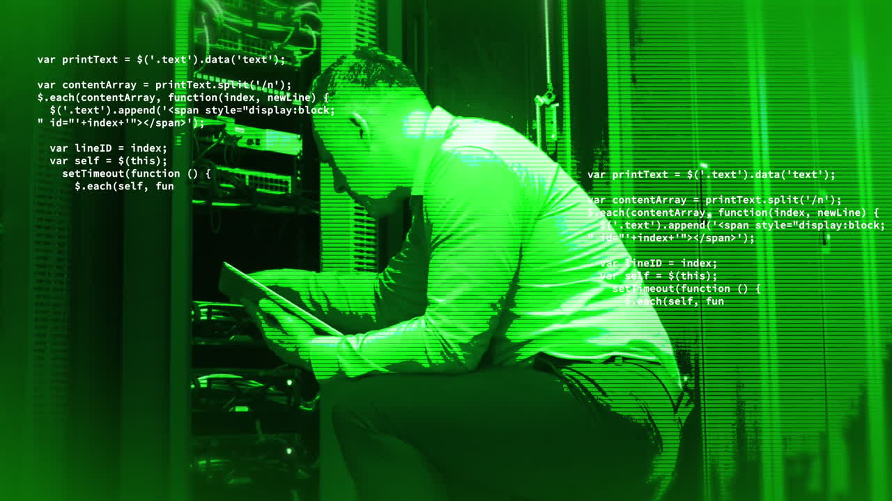 Animation of data processing over caucasian male it technician by computer servers
