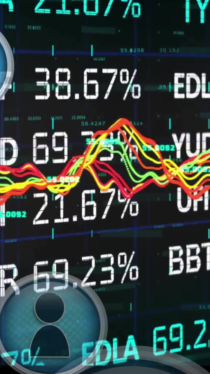 Animasi ikon orang dan pemrosesan data keuangan di atas latar belakang hitam