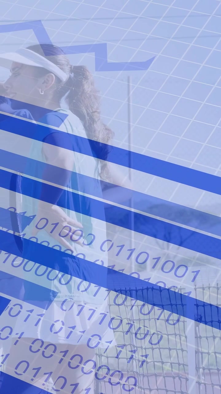 Vertical video: Tennis duo pacing at net, blue bars sweeping across rackets and showing player data