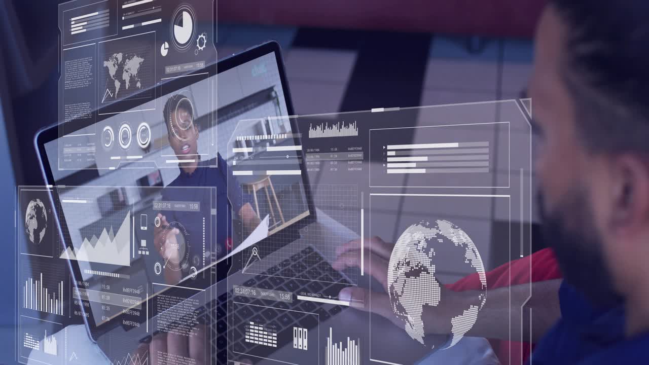 Man on couch using trackpad, animating business holo UI while onscreen woman gesturing at charts