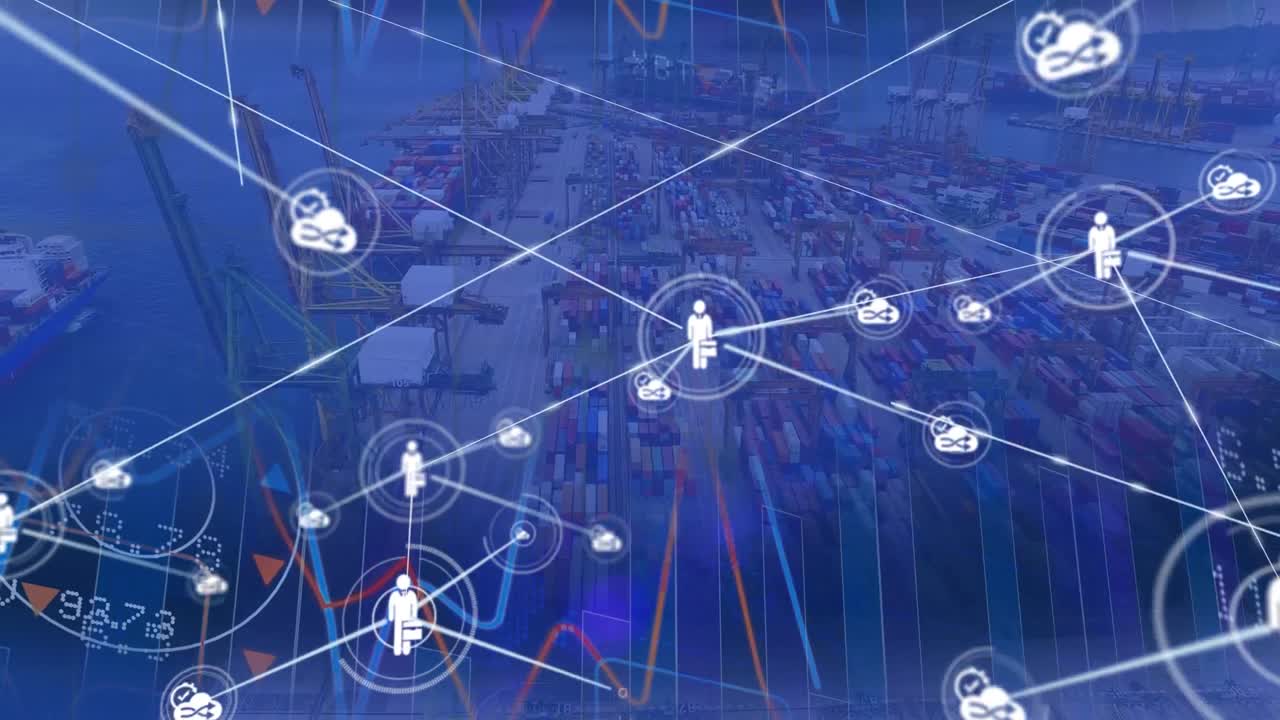 디지털 아이콘 네트워크와 증권 시장 데이터 처리가 항구의 공중 전망에 대해