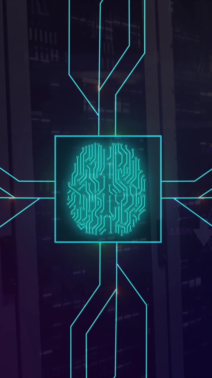 Animation of neon network of connections with digital brain over server room