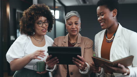 business women, team and advice with tablet