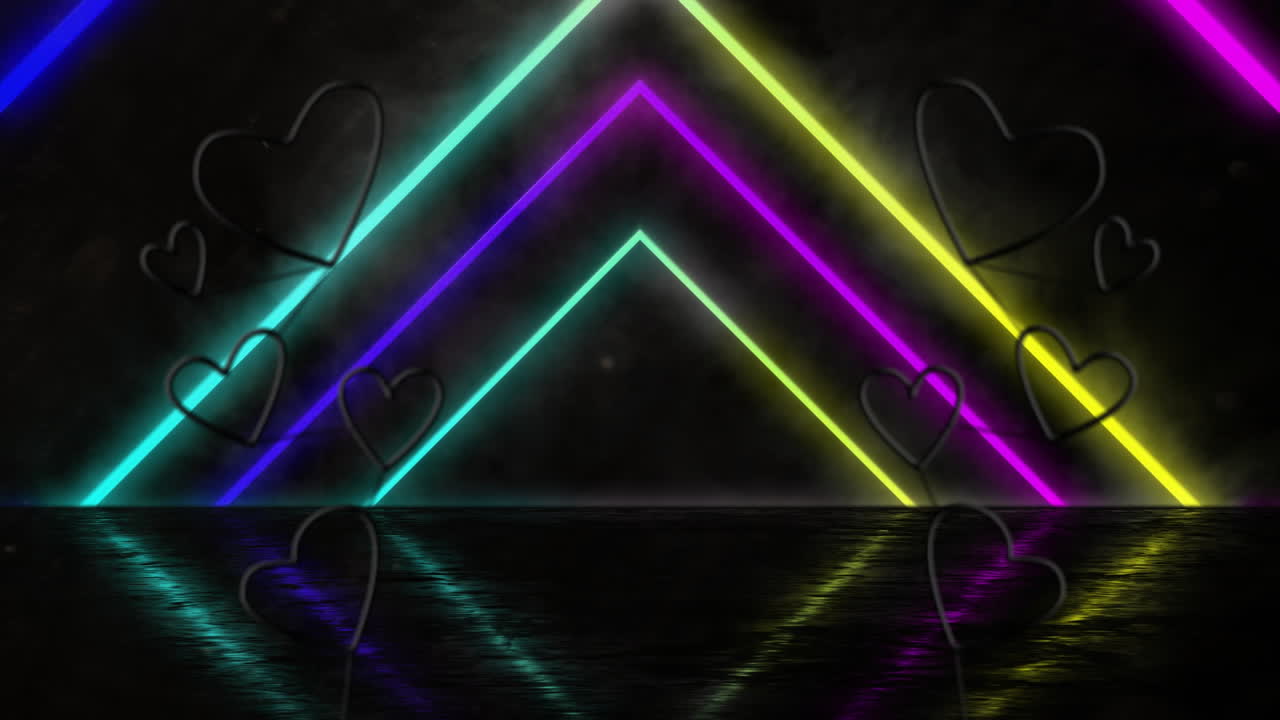 Animace neonových ikon srdce přes zářící neonový vzor na černém pozadí