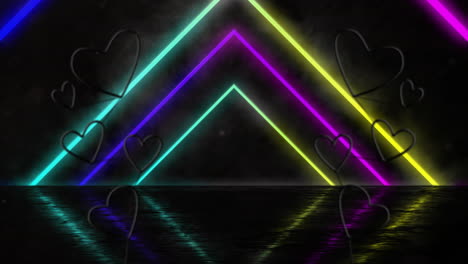 animation of neon heart icons over glowing neon pattern on black background