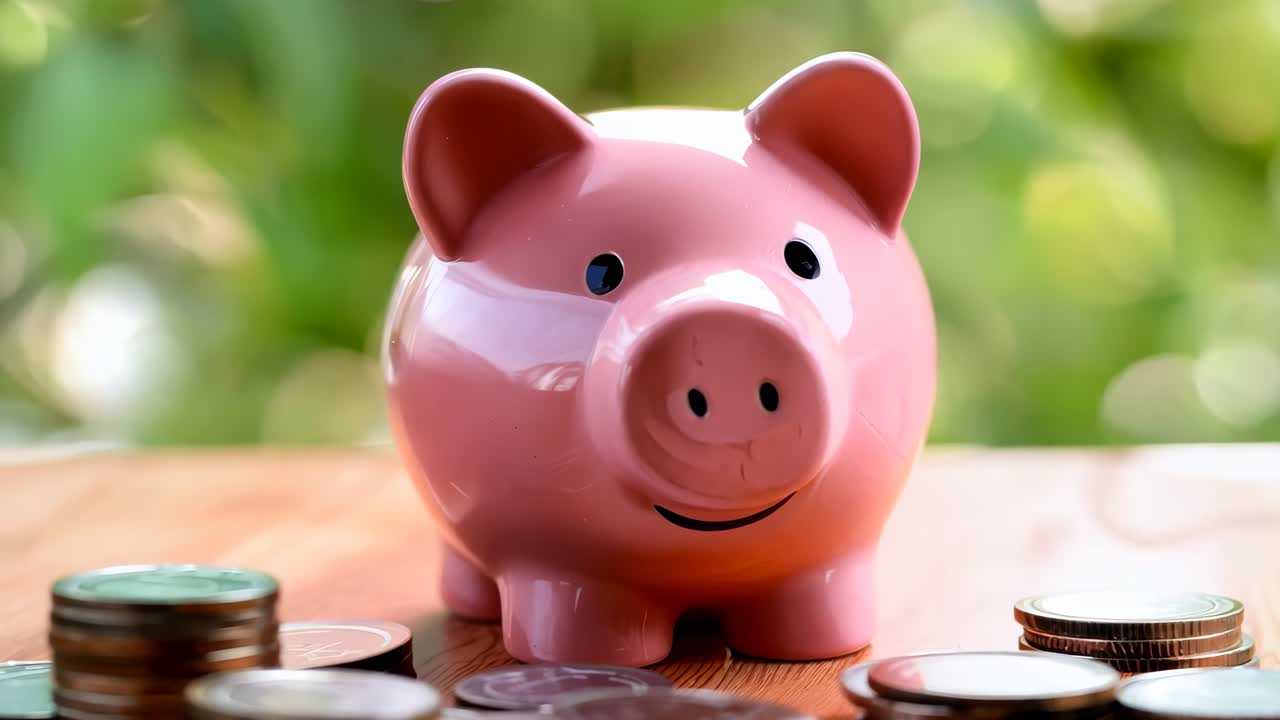 A pink piggy bank sitting on top of a pile of coins
