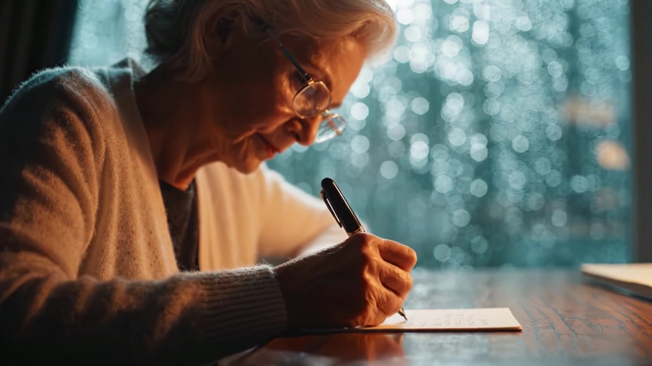 An elderly woman writes a heartfelt letter, reflecting on memories and emotions as the rain trickles down the window, creating a serene and contemplative atmosphere.