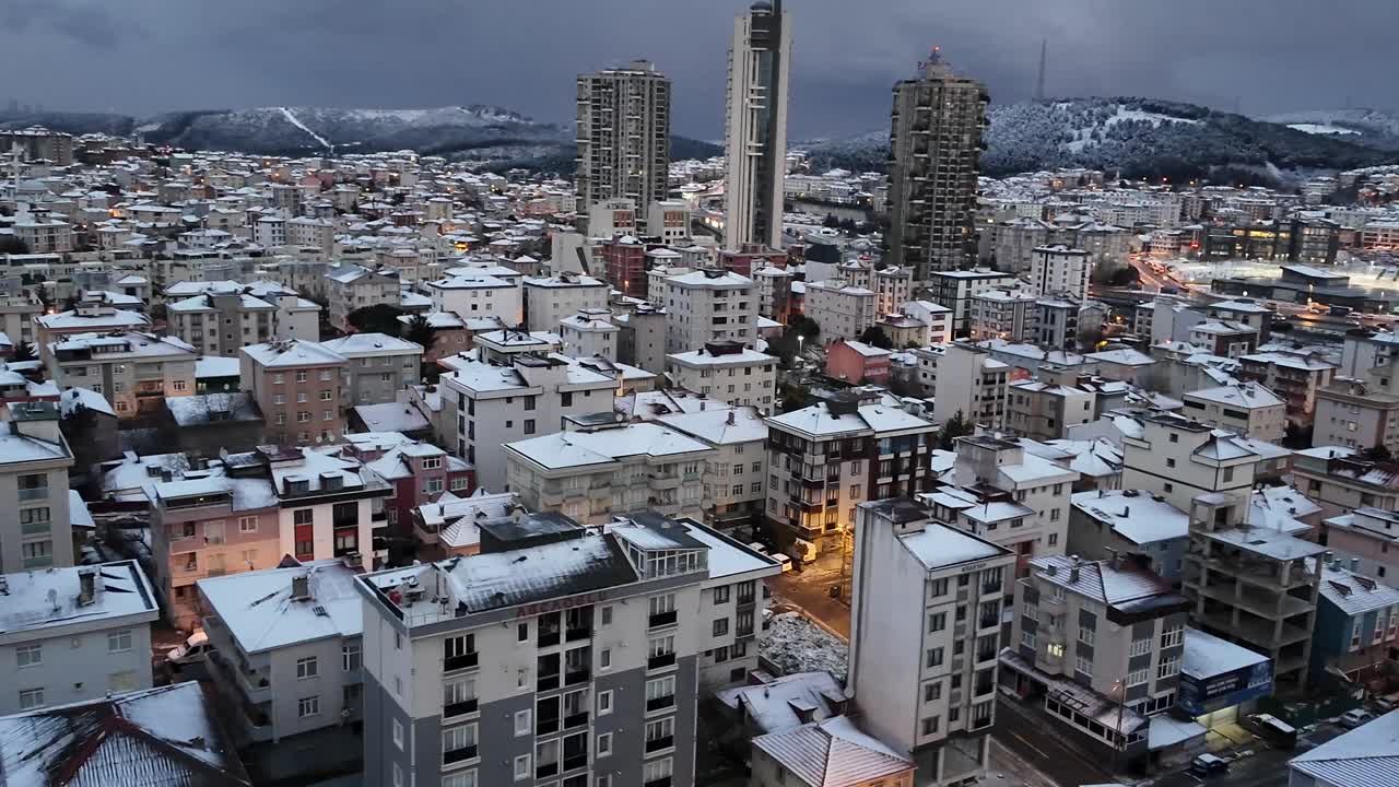 Snowy Urban Landscape at Dusk