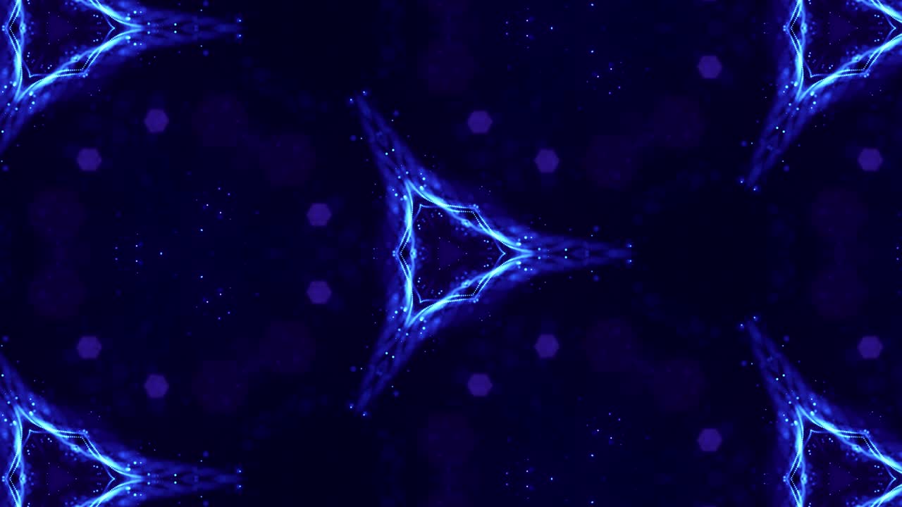 tema abstracto caleidoscópico. fondo 3d de ciencia ficción en bucle de 4k con partículas azules brillantes forman líneas, superficies, patrones estructuras simétricas complejas