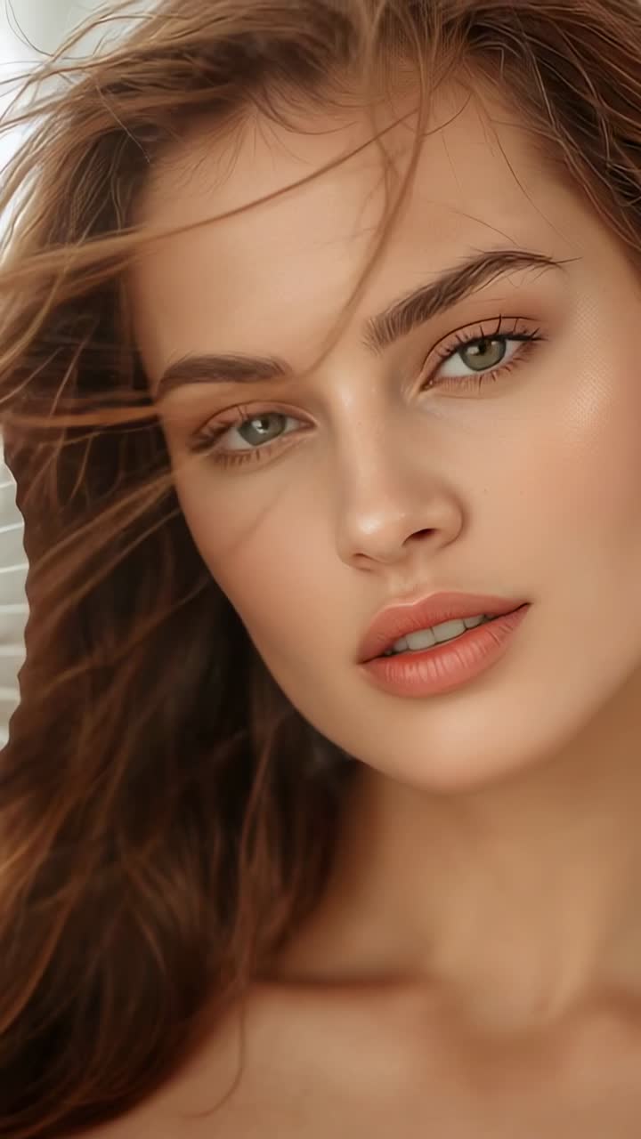 Vertical video: Gazing woman posing in studio, breeze lifting hair, bare shoulders, reflector left