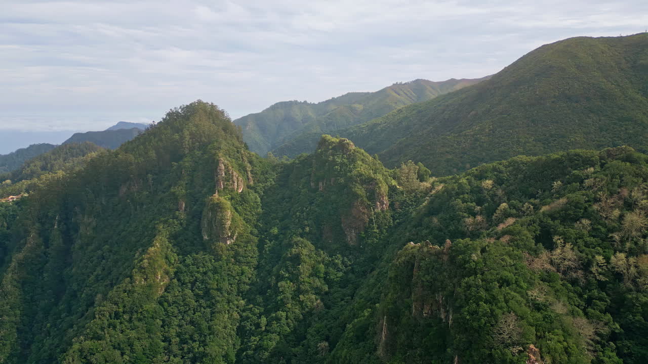 Aerial green hillsides covered dense forests. Panorama mountains