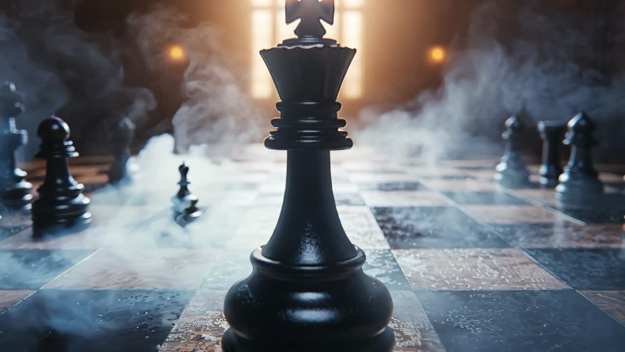 A black chess piece is on a chess board with smoke in the background. The smoke gives the image a mysterious and ominous mood