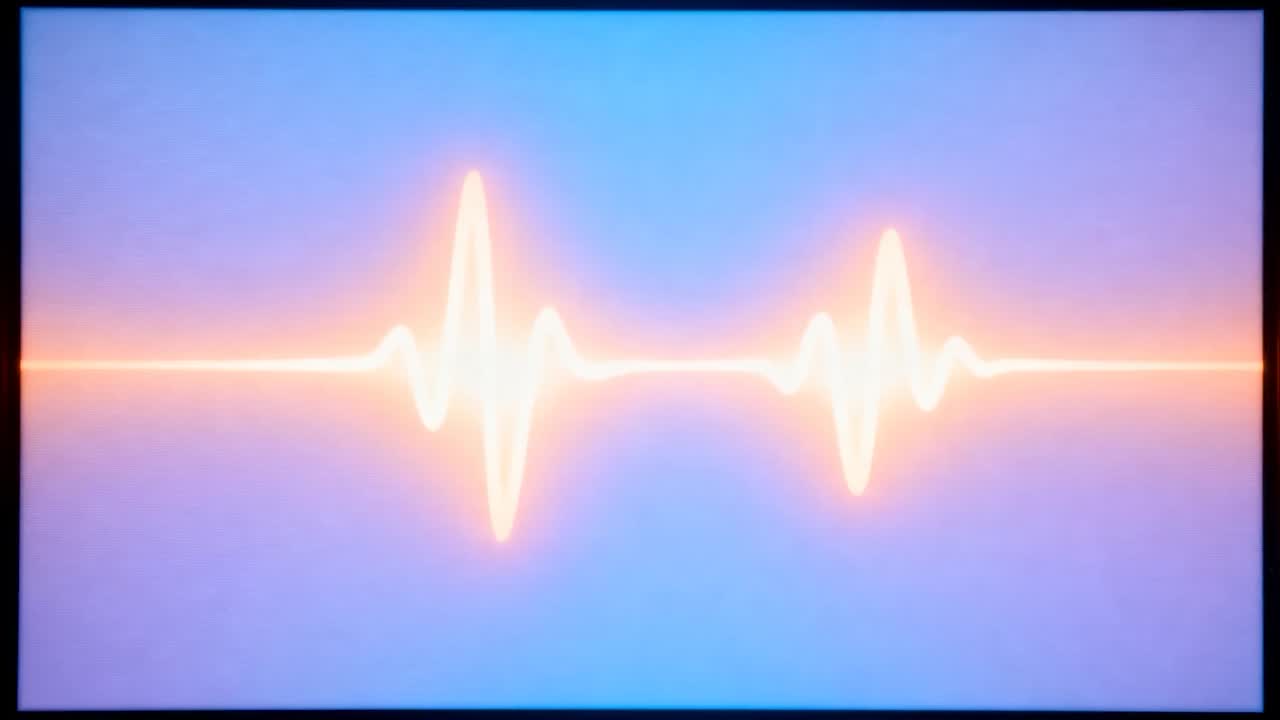 Appearing white-blue core expanding into cyan halo on widescreen, syncing with orange waveform