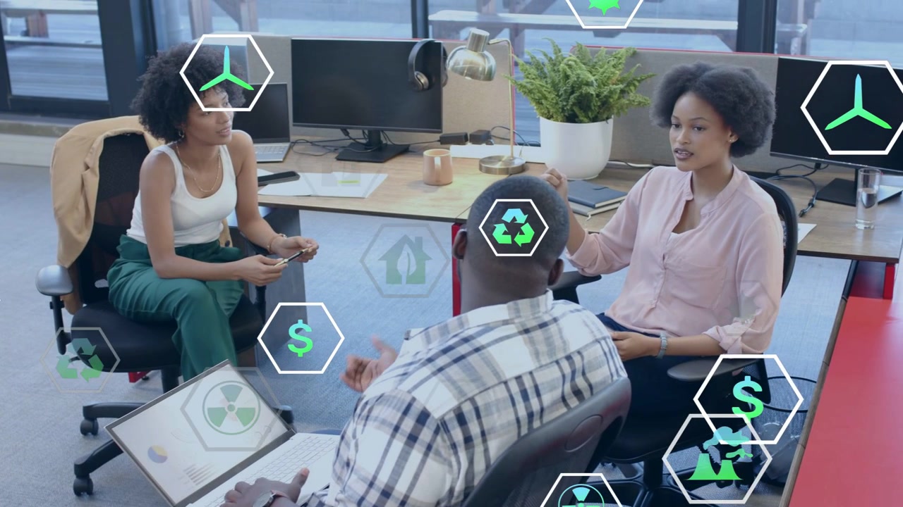 Man starting laptop demo women leaning pointing animated icons circling team aligning energy plan