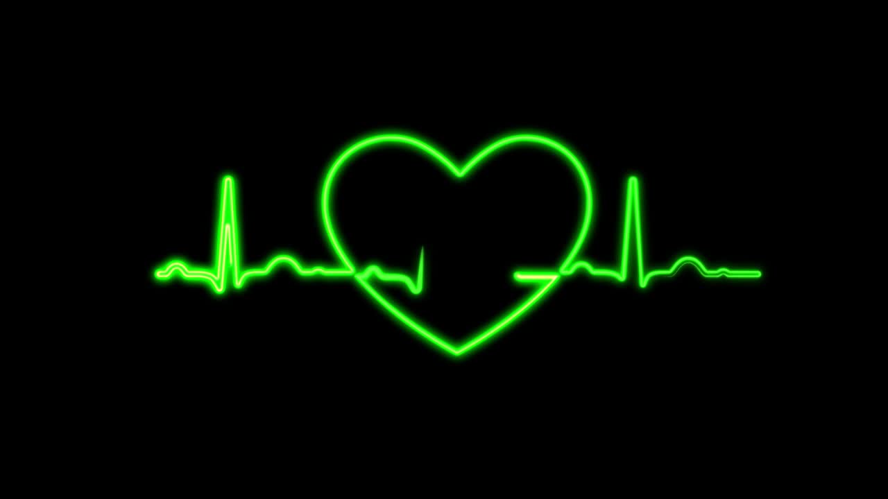 네온 기호 디자인: 다채로운 추상적인 배경, 심장 박동 선, 네온 빛, 심장박동 디스플레이 스크린, 의학 연구