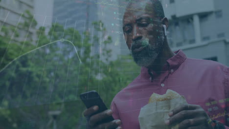 Animation-of-financial-data-processing-over-african-american-man-using-smartphone