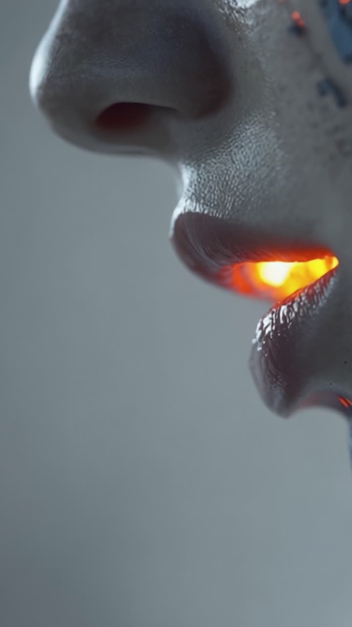 Un primo piano del volto di un androide futuristico che rivela una bocca illuminata, a simboleggiare la tecnologia avanzata e l'intersezione tra umanità e macchina.