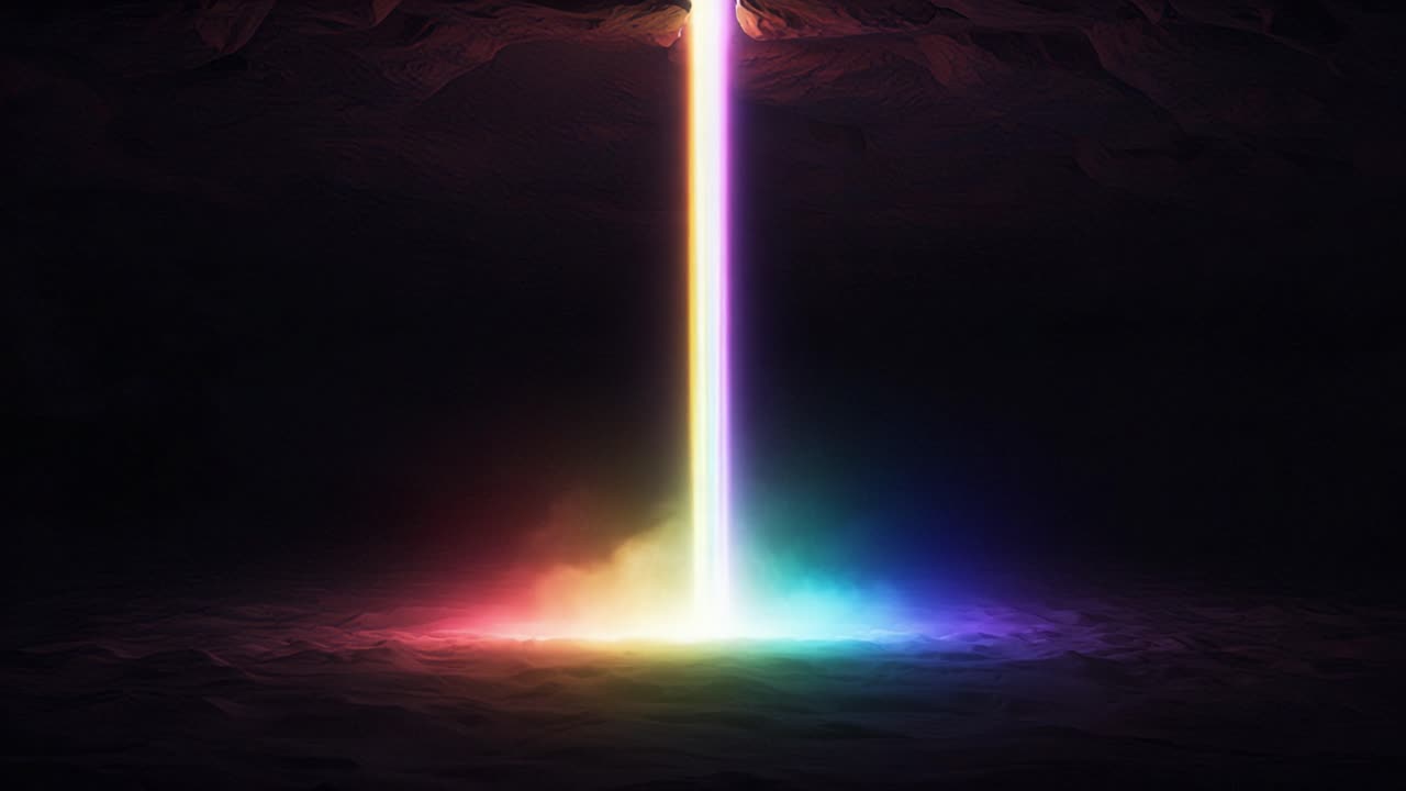 A Stunning Glimpse of Light: An Ethereal Rainbow Spectrum Emanating from Above, Filling the Dark Cavern with Colorful Hues and Soft Misty Ambiance