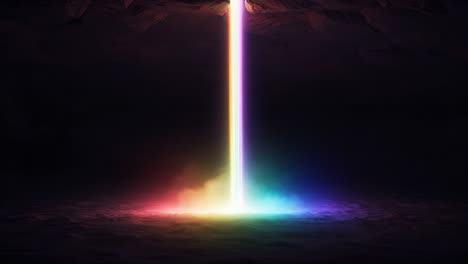 a stunning glimpse of light: an ethereal rainbow spectrum emanating from above, filling the dark cavern with colorful hues and soft misty ambiance